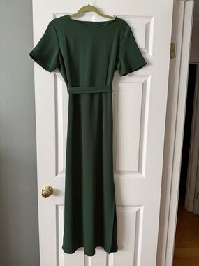 Mango Dark Green Short-Sleeve Belted Maxi Dress